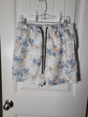 Men's Tropical Print Swim Shorts - White/Blue by Distortion Size M